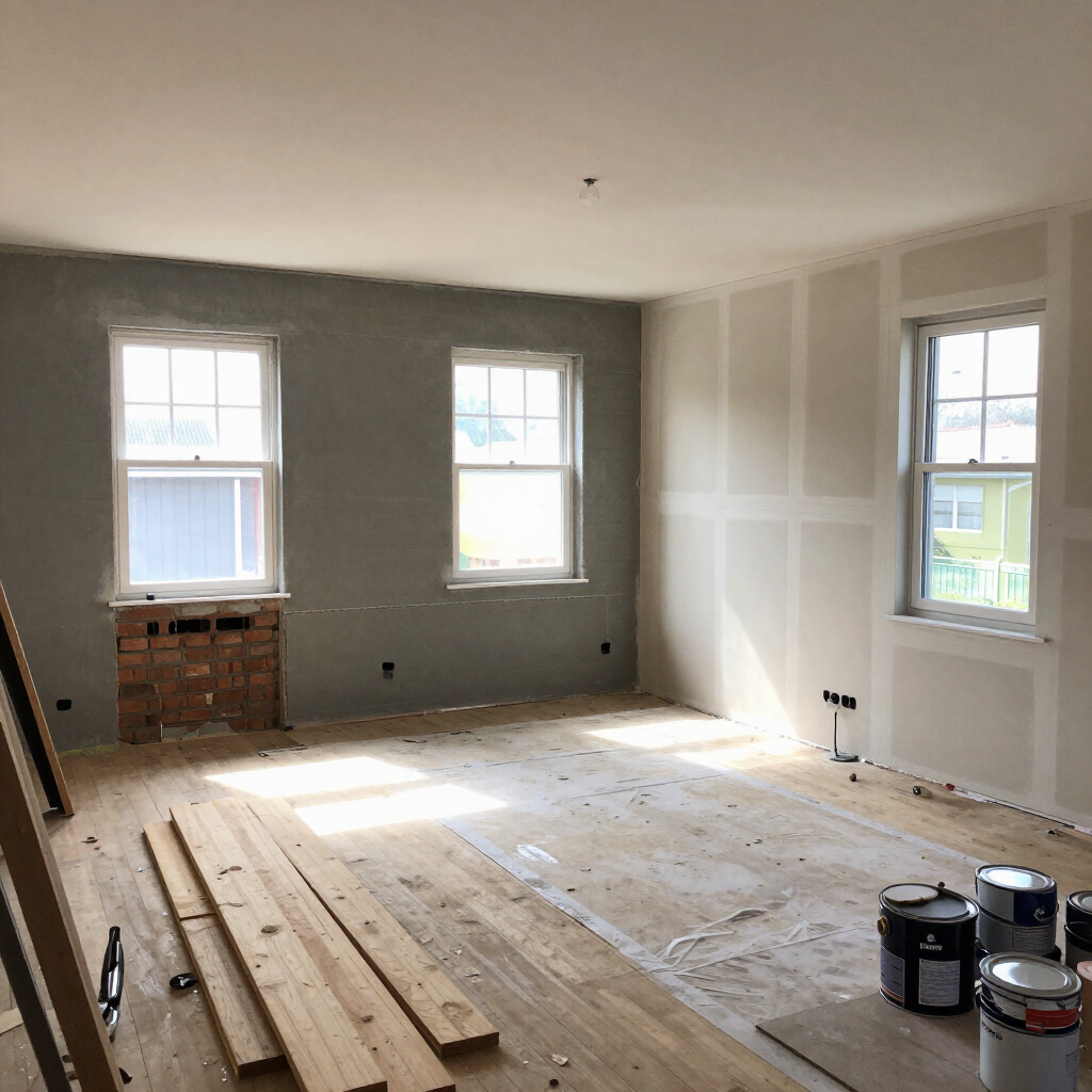 Habitación parcialmente reformada con paredes grises, suelo de madera y latas de pintura junto a las ventanas.