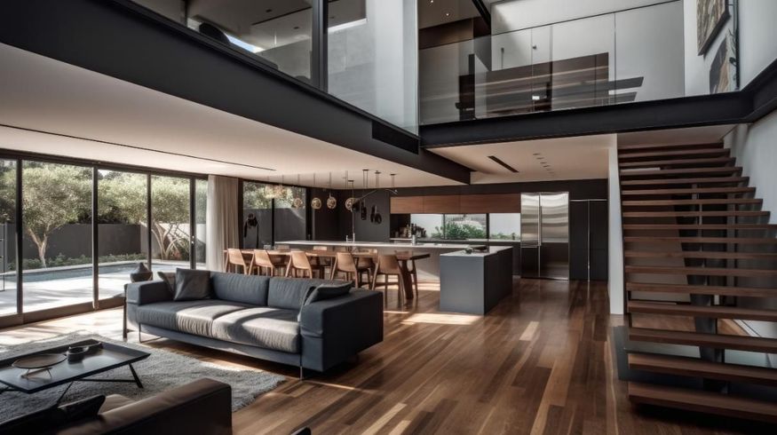 Moderno espacio habitable de concepto abierto con pisos de madera, ventanas grandes, escalera y área tipo loft.