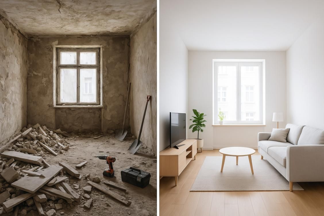 Renovación de habitación: antes y después. Una habitación llena de escombros se transforma en un espacio amueblado.