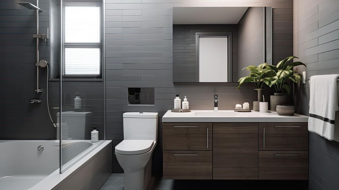 Baño moderno de color gris con bañera, inodoro, lavabo, espejo y planta en maceta.