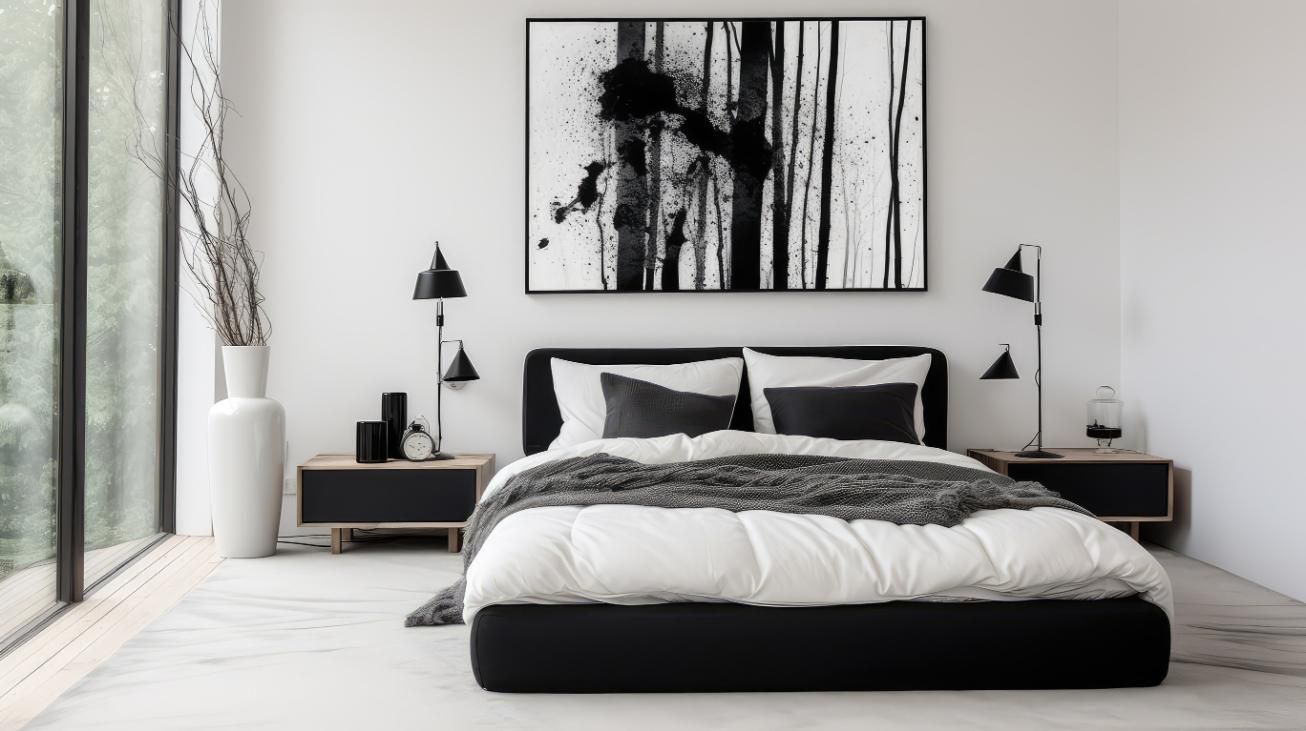 Dormitorio moderno con decoración en blanco y negro. Obra de arte sobre la cama, con mesitas de noche y lámparas.
