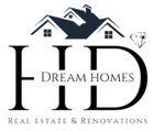Logotipo para "Dream Homes"; presenta la silueta de una casa sobre las letras "HD" y el texto "Bienes raíces y renovaciones".