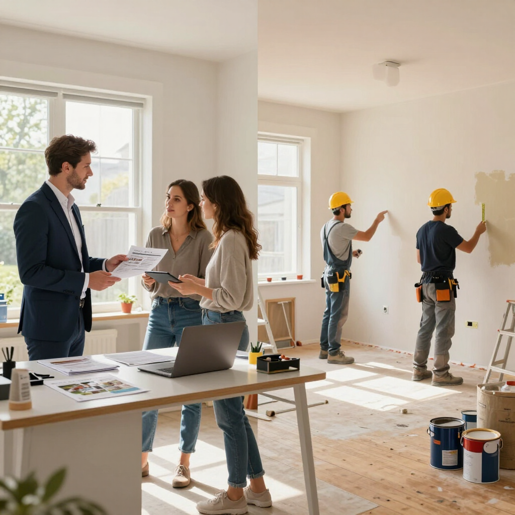 Diseñador revisando planos de renovación con trabajadores pintando una habitación luminosa en construcción.