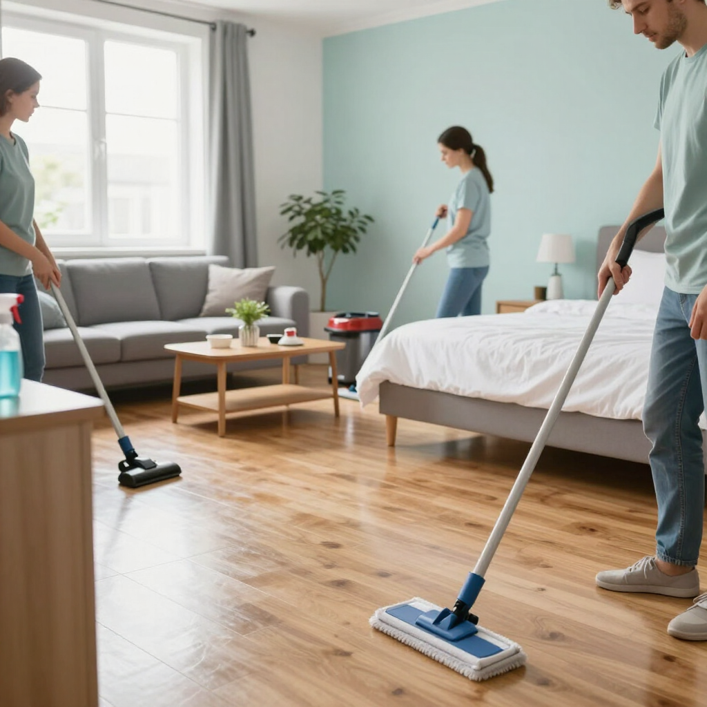 Tres personas limpiando un dormitorio luminoso con fregonas y aspiradora sobre suelos de madera.