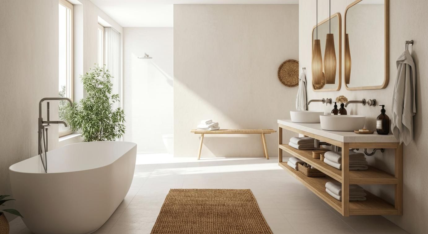 Baño espacioso en tonos neutros con bañera independiente, tocador doble y alfombra tejida.