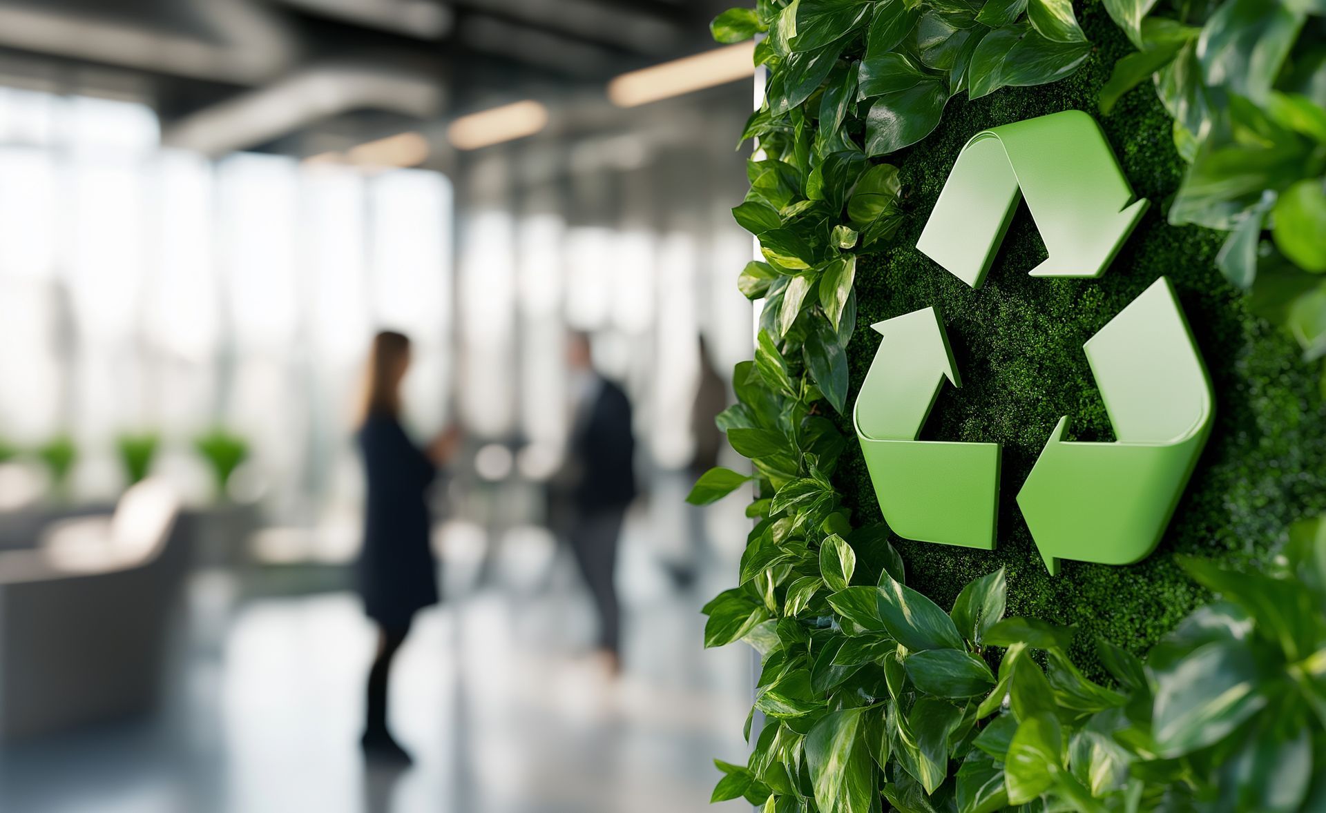 Un symbole de recyclage vert est fixé sur le mur d'un jardin vertical, avec des employés de bureau flous en arrière-plan.