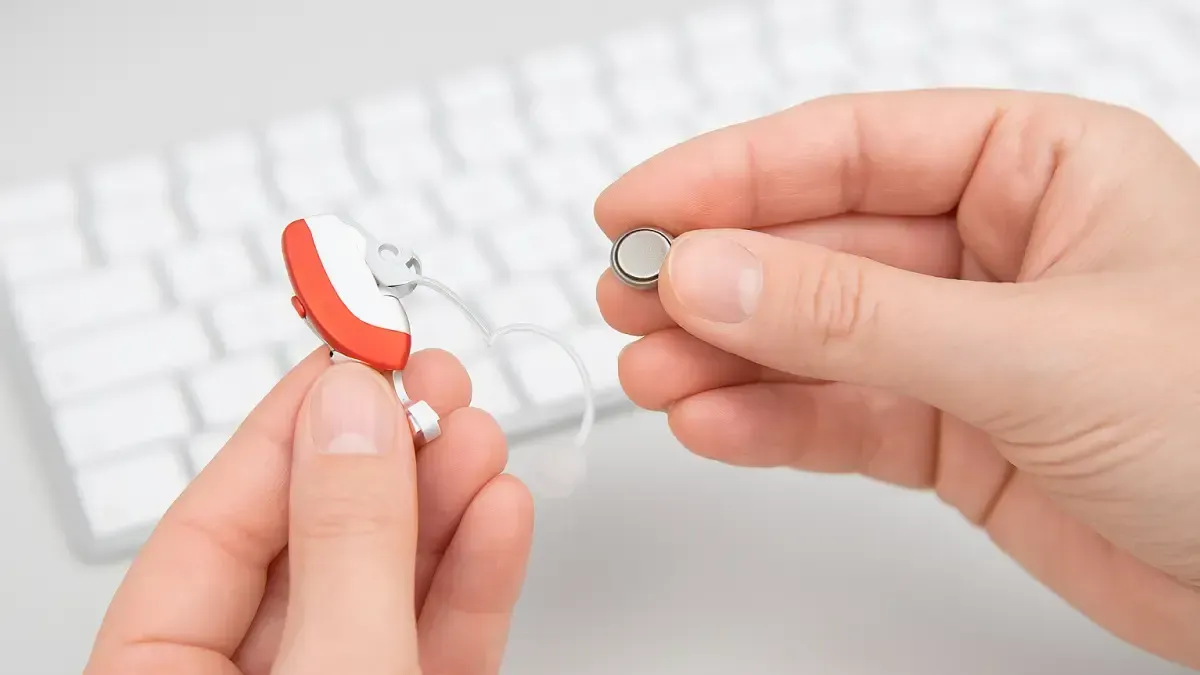 Des mains tenant un processeur d'implant cochléaire et sa petite batterie circulaire au-dessus d'un clavier blanc.