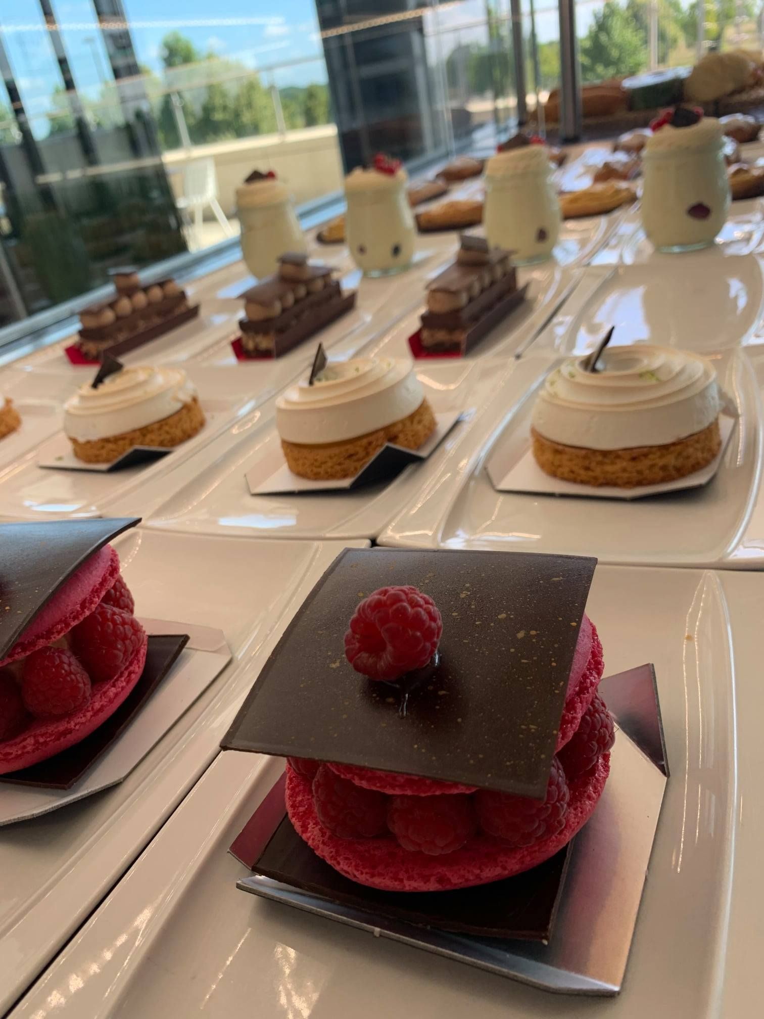 Des rangées de pâtisseries fines assorties, notamment des macarons à la framboise et des desserts à la crème, sont présentées sur des assiettes blanches.