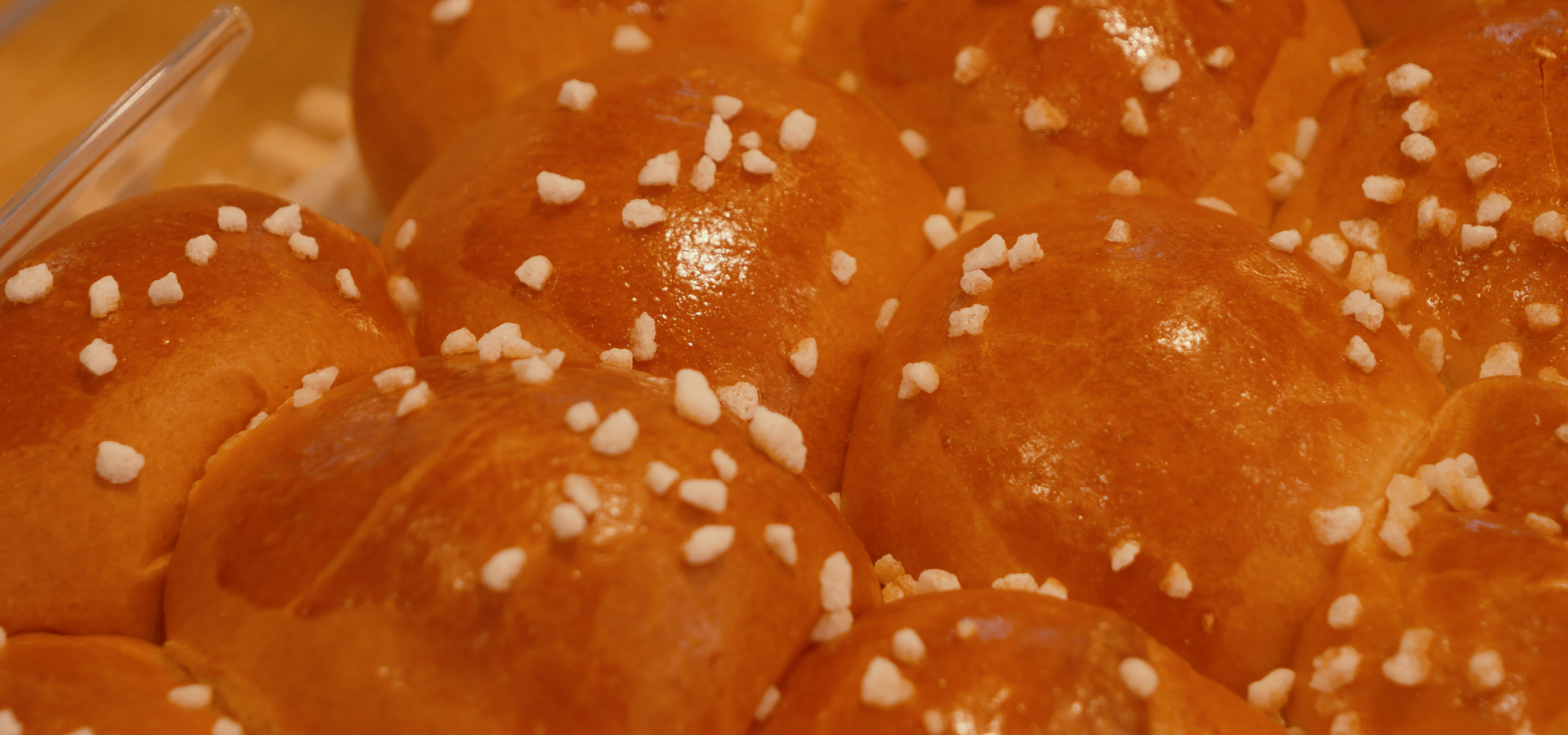 Gros plan sur des petits pains dorés et croustillants, recouverts de petits grains de sucre perlé blanc.