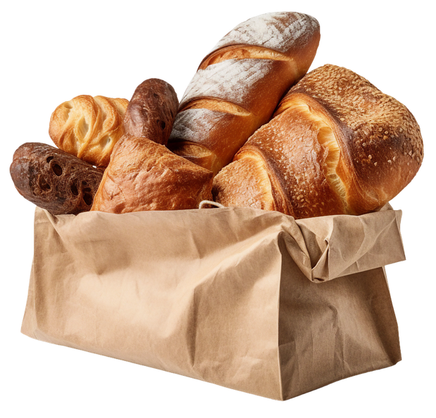 Un sac en papier brun débordant de différents types de pains artisanaux, dont une grosse miche et plusieurs petits pains.