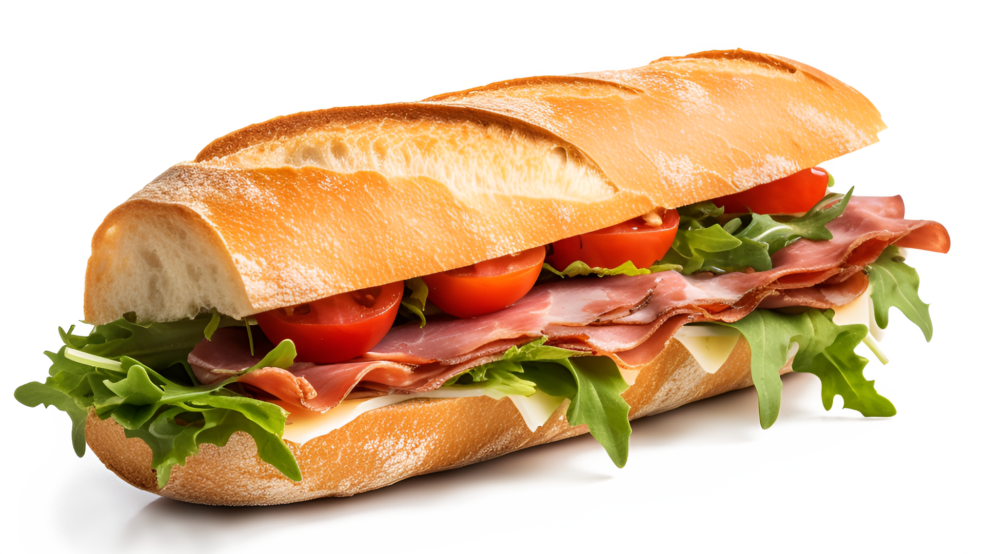 Un sandwich baguette garni de charcuterie finement tranchée, de roquette fraîche, de tranches de tomate et de fromage.