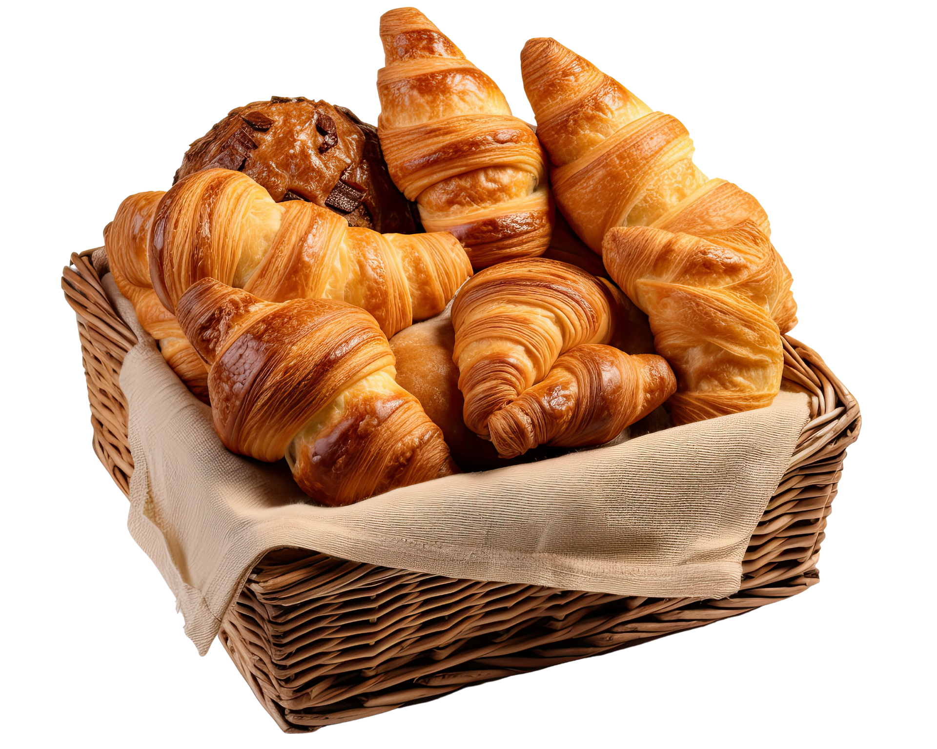 Un panier en osier doublé de tissu léger, rempli de croissants dorés et feuilletés variés et d'une pâtisserie au chocolat.