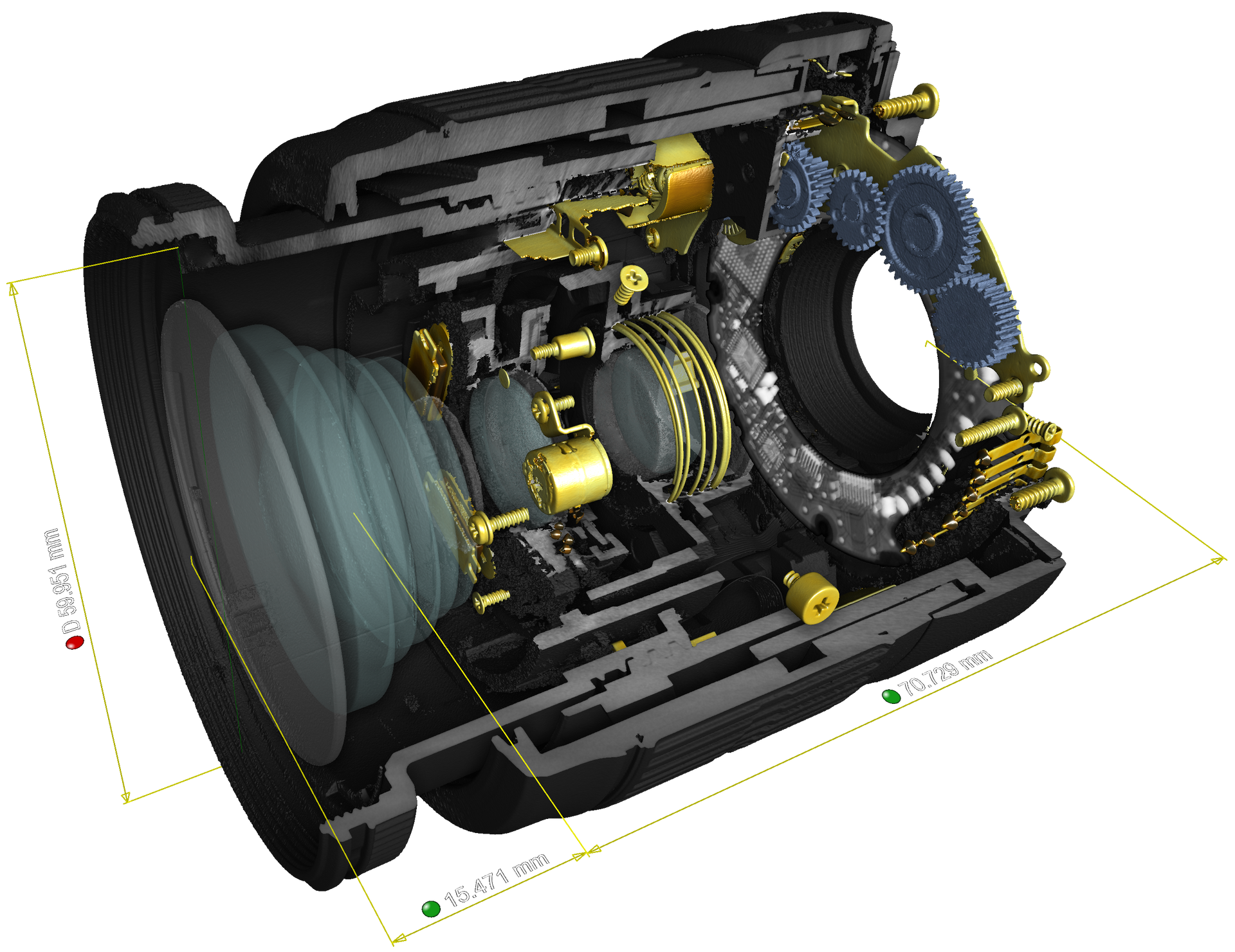 Schéma en coupe d'un objectif d'appareil photo, montrant ses composants internes tels que les lentilles