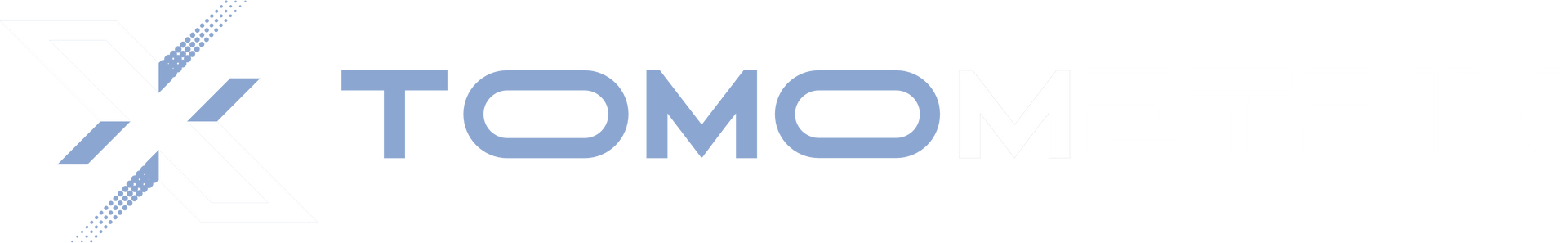Logo Tomo bleu avec un « X » stylisé.