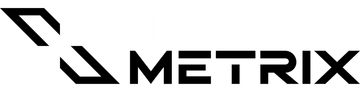 Logo du mot « METRIX » avec un motif abstrait à gauche.