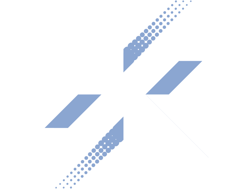 Logo géométrique bleu et blanc avec une forme en « X » stylisée.