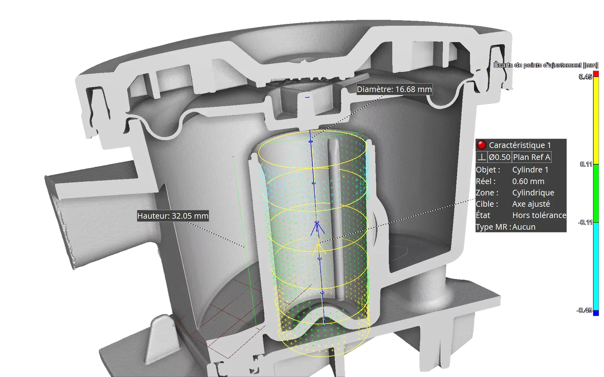 Vue en coupe d'une pièce en plastique, probablement un filtre ou un récipient. 