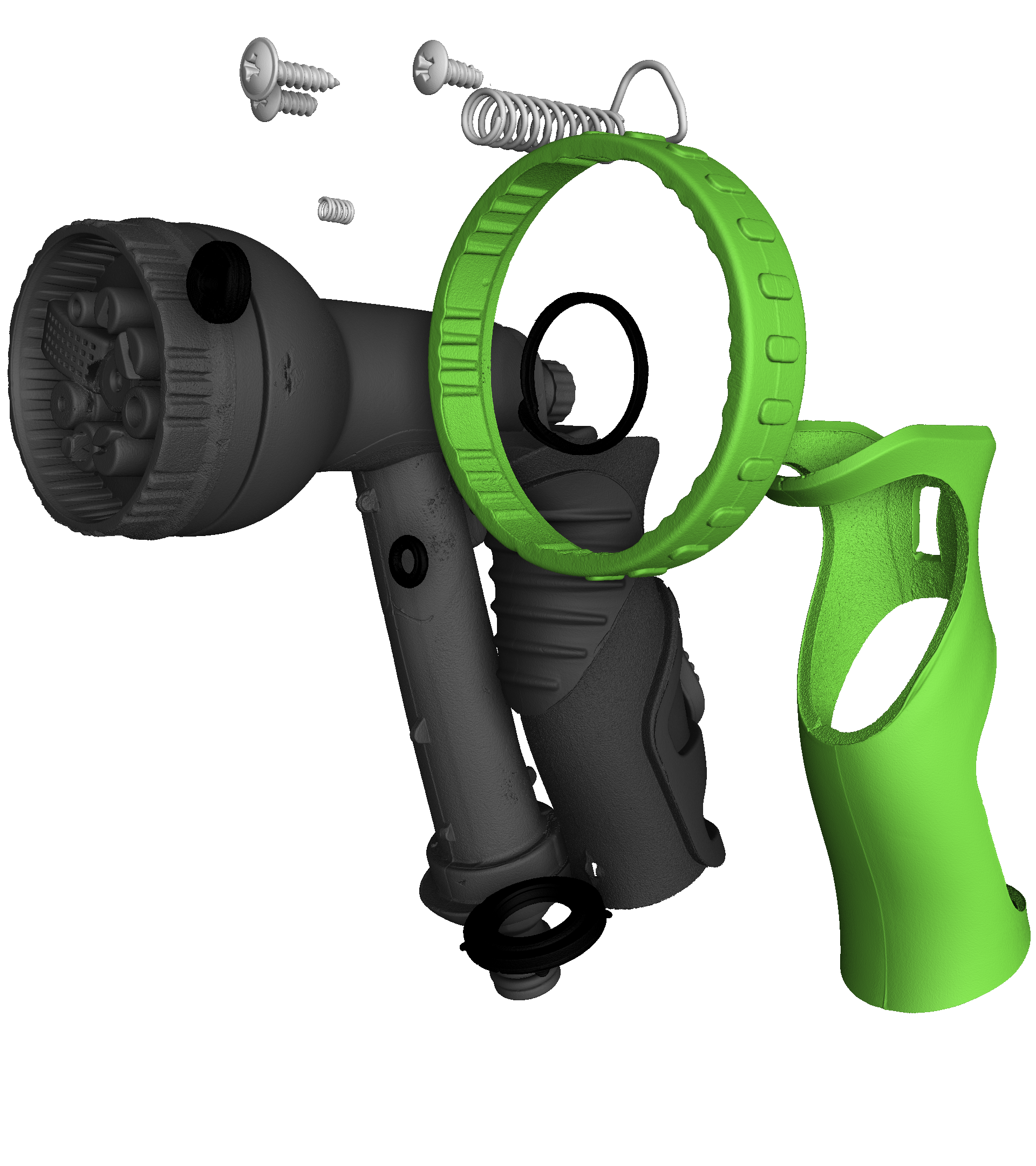 Vue éclatée d'une buse d'arrosage grise et verte avec ses composants.