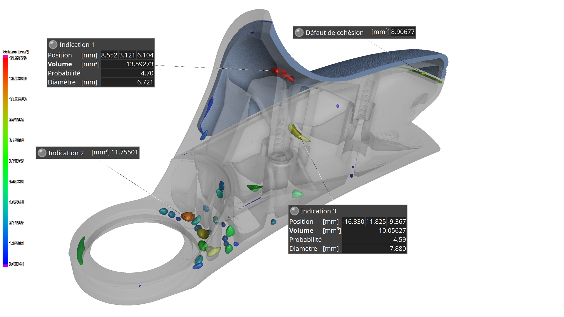Simulation informatique d'un dispositif, avec visualisation de l'analyse des contraintes par code couleur.