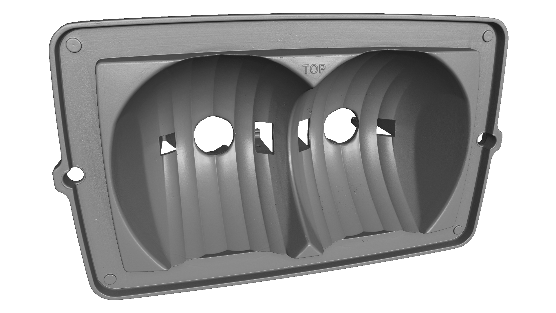 Boîtier de phare en plastique gris avec deux ouvertures rondes.