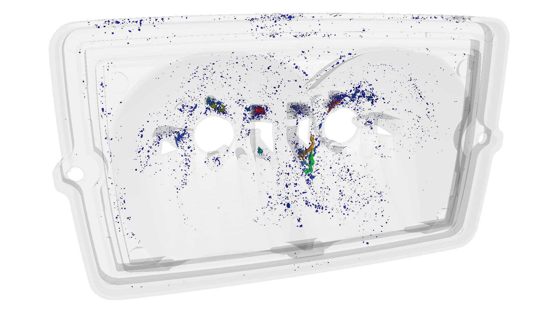 Cassette audio dans un boîtier en plastique transparent, taches bleues et vertes sur fond blanc.