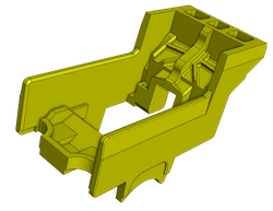 Pièce mécanique en plastique jaune, de conception structurelle complexe.