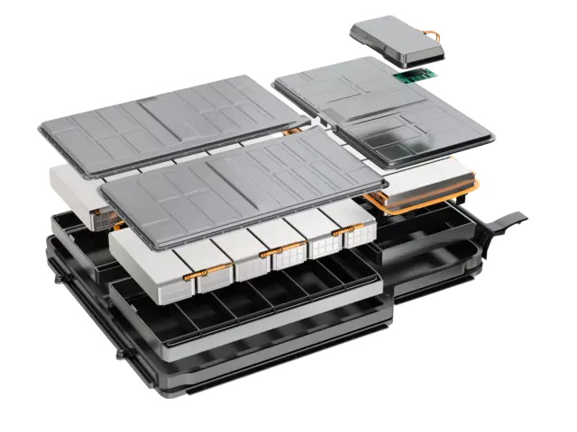 Vue éclatée d'une batterie de véhicule électrique, montrant les différentes couches