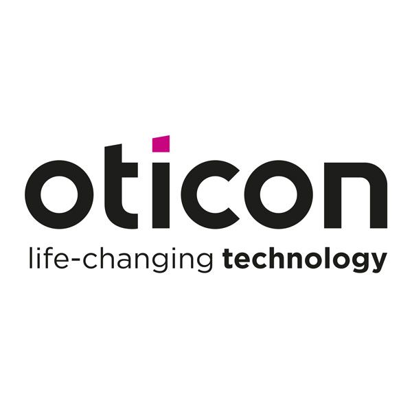 Das Logo für die lebensverändernde Technologie von Oticon ist schwarz und pink.