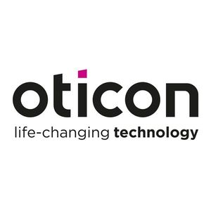 Das Logo für die lebensverändernde Technologie von Oticon ist schwarz und pink.