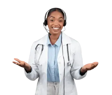 A woman in a lab coat is wearing a headset and smiling.