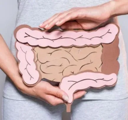 A woman is holding a paper model of her intestines.