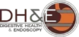 A logo for dh & e digestive health and endoscopy.