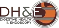 A logo for dh & e digestive health and endoscopy.
