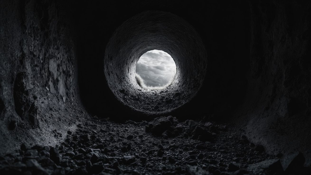 Vue depuis l'intérieur d'un tunnel sombre vers une ouverture circulaire lumineuse avec un sol rocheux au premier plan