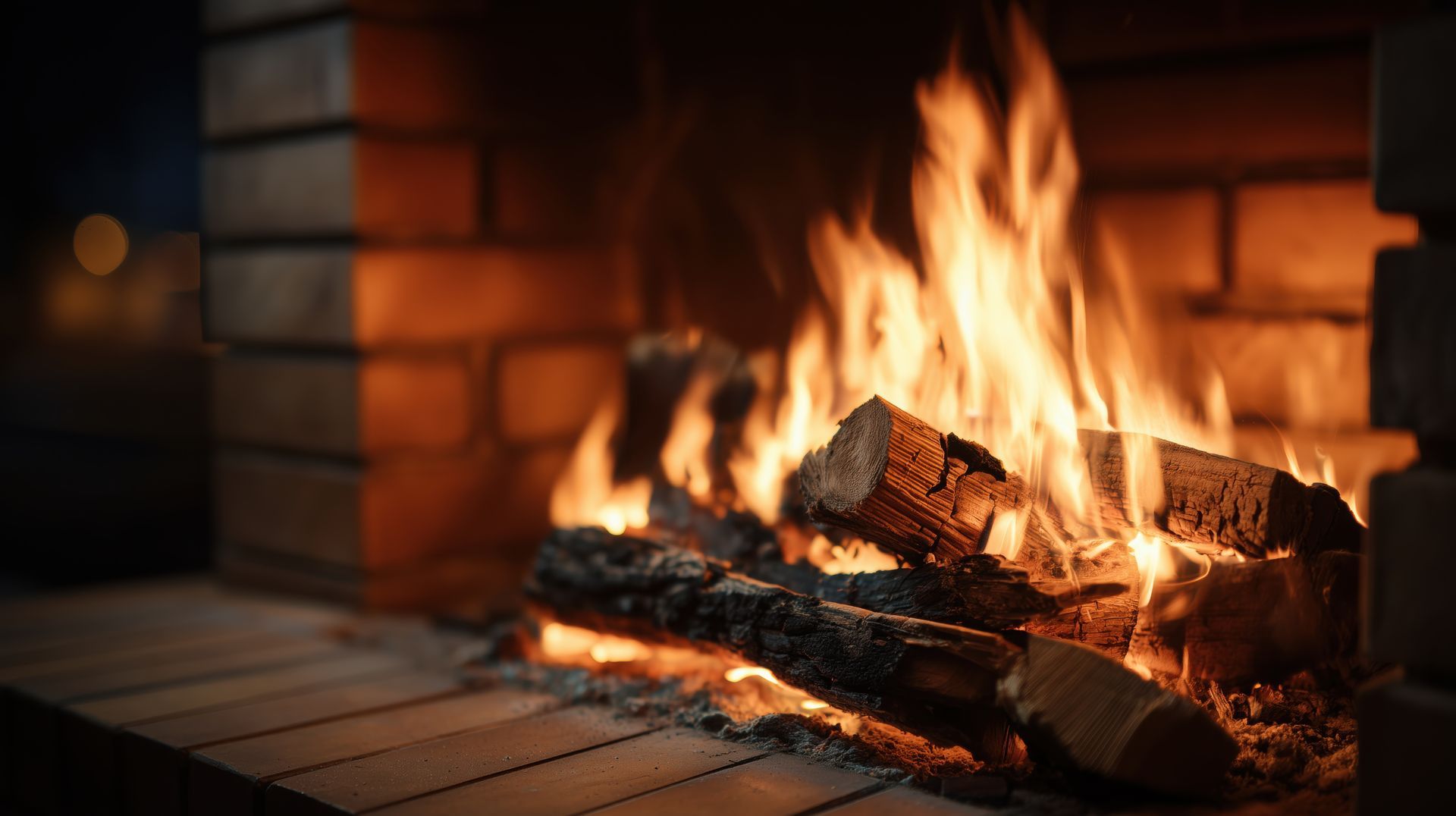 Des bûches incandescentes brûlent dans une cheminée en briques, les flammes orangées baignant dans une lumière chaude.