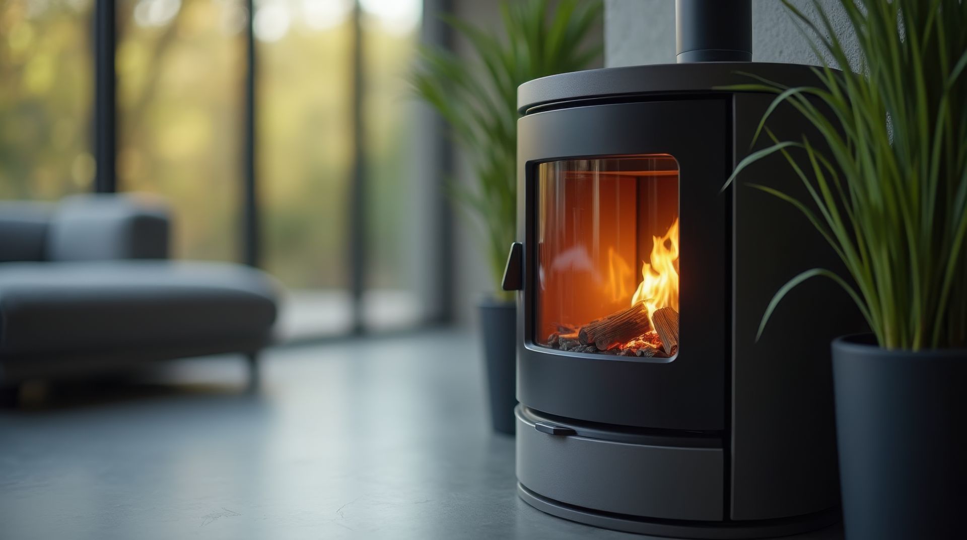 Poêle à bois noir moderne avec flammes visibles à côté d'une plante en pot dans un salon lumineux