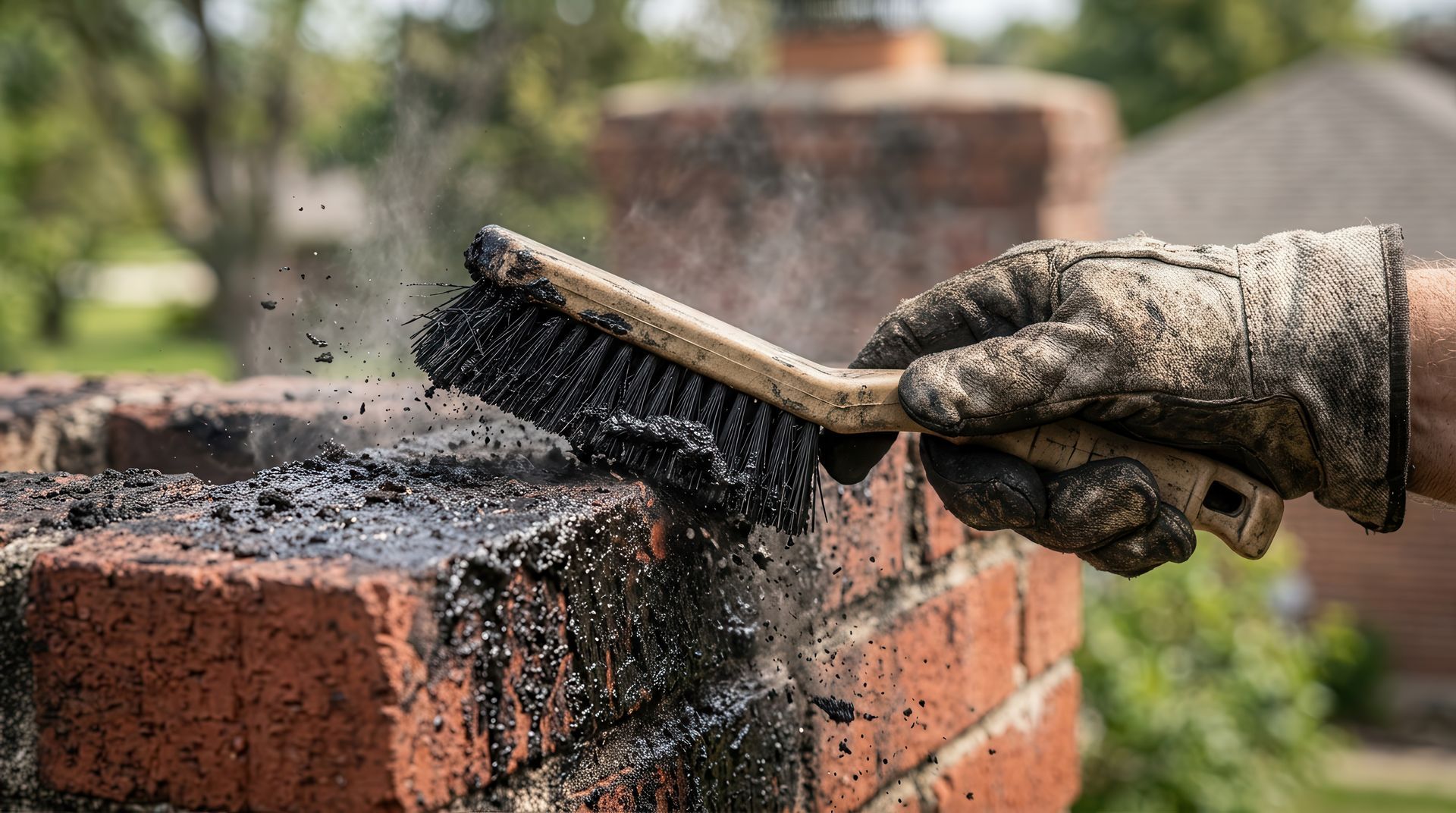 Main gantée brossant la suie d'un mur de briques rouges à l'aide d'une brosse métallique à l'extérieur