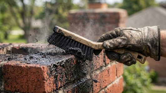 Main gantée brossant la suie d'un mur de briques rouges à l'aide d'une brosse métallique à l'extérieur
