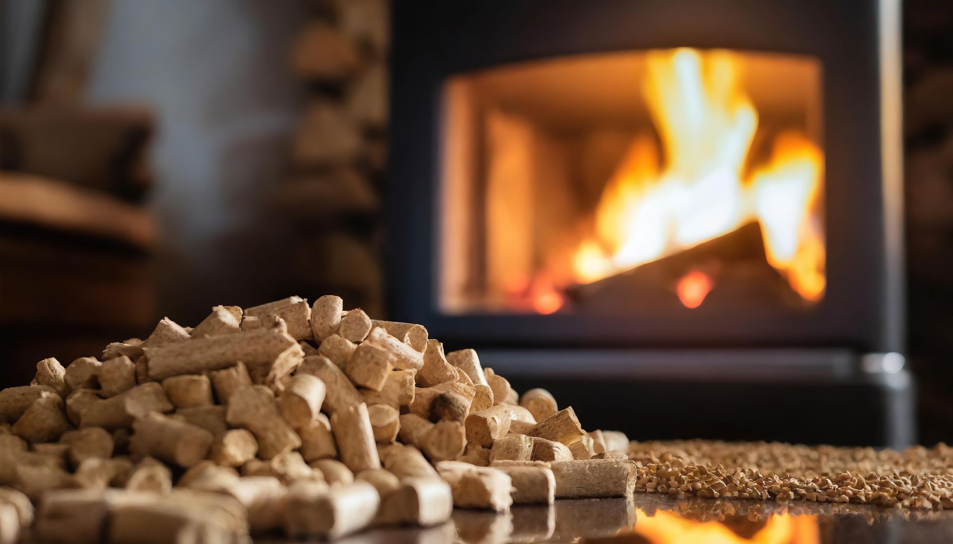 Tas de granulés de bois devant une cheminée allumée