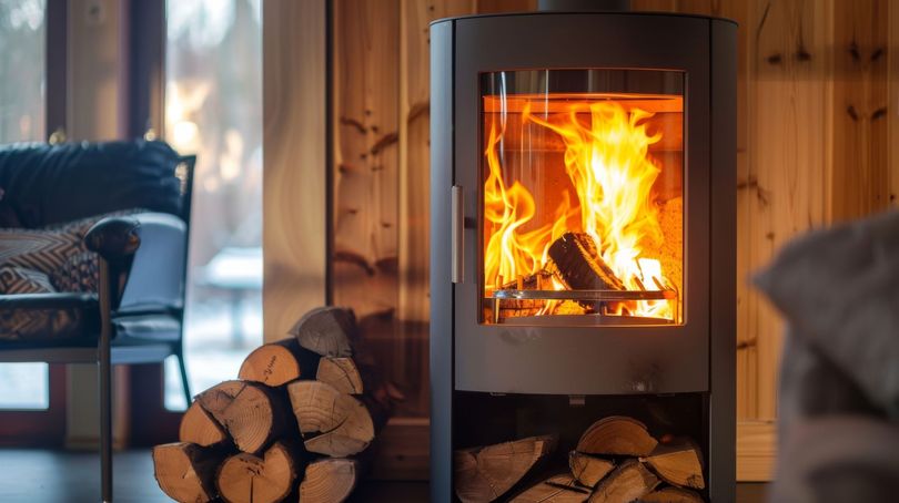 Poêle à bois avec un feu vif dans une pièce confortable, avec des bûches empilées et une chaise à proximité
