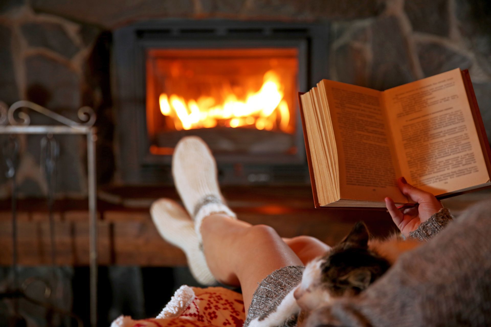 Une personne lit près de la cheminée, les pieds surélevés, un chat se reposant à proximité, dans un salon confortable.