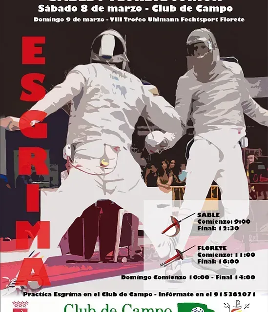 Cartel de competición de esgrima en el Club de Campo: Esgrimistas, pruebas de sable y florete, fechas y horarios.