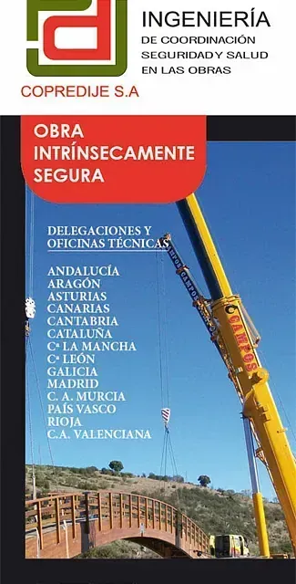 Folleto para Copredue SA, destacando la ingeniería para la seguridad en la construcción, mostrando una grúa amarilla sobre un puente.