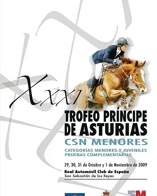Equestrian event poster: Rider jumping horse at the Trofeo Príncipe de Asturias in San Sebastián de los Reyes, 2009.
