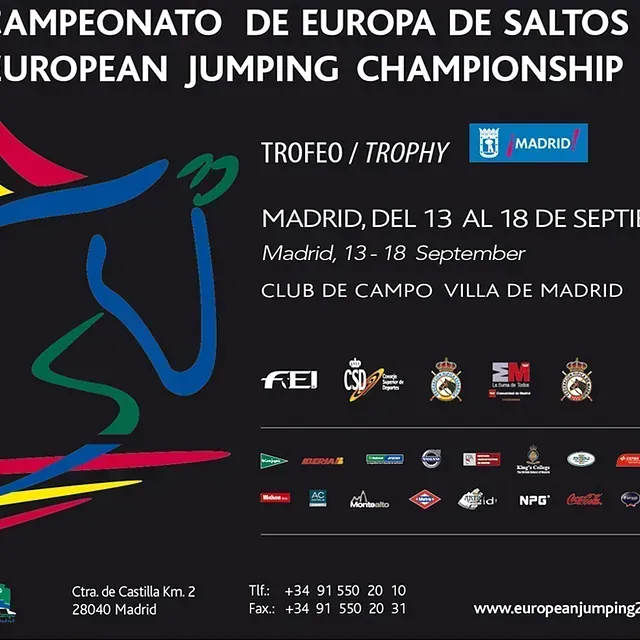Cartel del Campeonato de Europa de Saltos en Madrid, del 13 al 18 de septiembre, con logotipos y datos de contacto.
