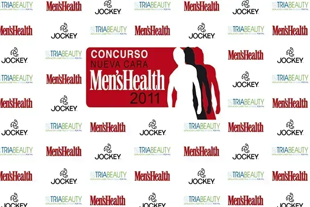 Fondo del evento Men's Health 2011 con los logotipos: Jockey, Men's Health y Trajeauty. Logotipo central con silueta masculina. Fondo blanco.