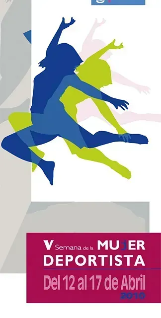 Afiche: Siluetas de mujeres bailando, texto para la “Semana del Deporte Femenino”, del 12 al 17 de abril.