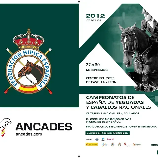 Cartel del Campeonato de España de Caballos de Castilla y León, 2012. Incluye un caballo y un jinete, logotipos y texto.