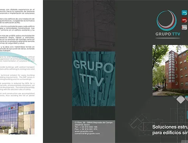 Folleto para Grupo TTV, empresa constructora, con imágenes de edificios e información de contacto.