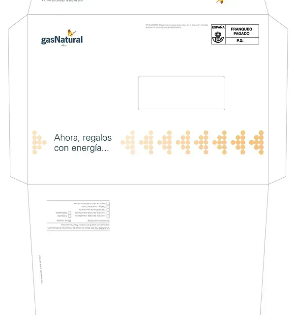 Sobre de Gas Natural con ventana para la dirección. Incluye logotipo y promoción.